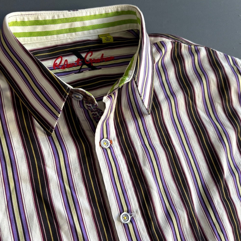 Robert Graham Striped Button Down Shirt | Size L | Purple Tailored Fit